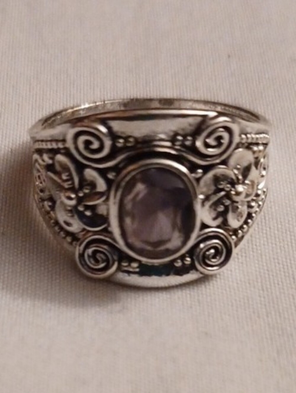 4/$60 Silver Floral Scroll Ring with Light Purple Stone